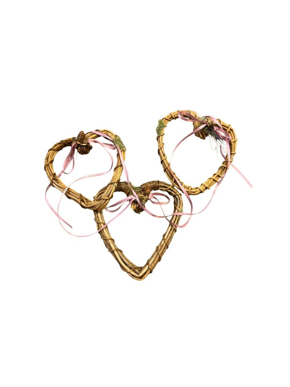 Set of 3 Wicker Heart Ornaments Rustic Farmhouse Cottage Decor Pink Ribbon